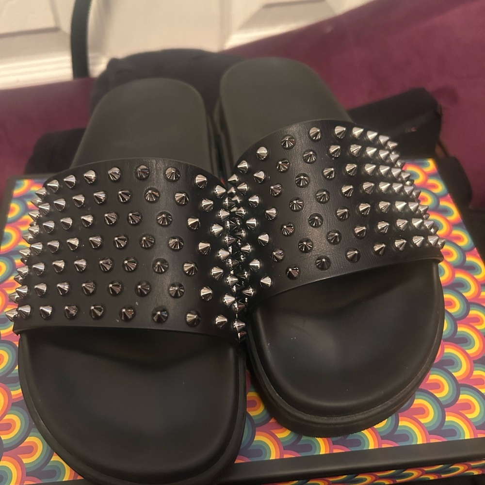 Christian Louis Vuitton Black Studded Slides - Picture 2 of 4